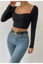 Kadın Siyah Uzun Kol Göğüs Dekolteli Şık Crop Top Bluz