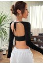 Kadın Siyah Uzun Kol Göğüs ve Sırt Dekolteli Crop Top Bluz