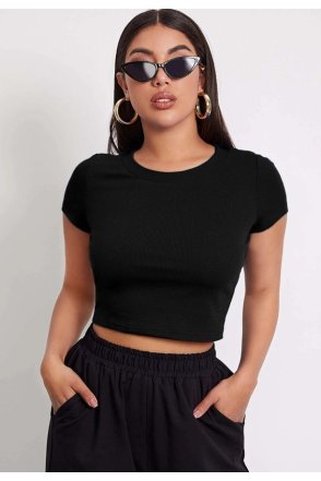 Kadın Siyah Yuvarlak Yaka Yarım Kol Crop Top Bluz