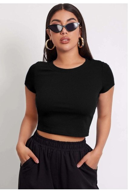 Kadın Siyah Yuvarlak Yaka Yarım Kol Crop Top Bluz