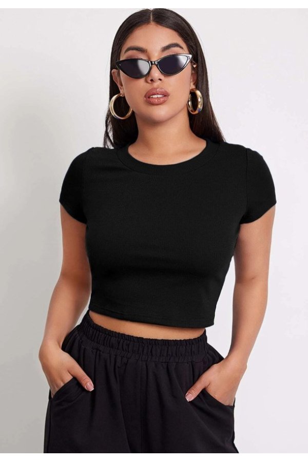 Kadın Siyah Yuvarlak Yaka Yarım Kol Crop Top Bluz