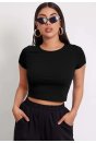 Kadın Siyah Yuvarlak Yaka Yarım Kol Crop Top Bluz