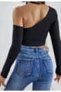 Kadın Siyah Tek Omuz Detaylı Uzun Kol Crop Top Bluz