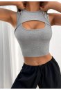 Kadın Gri Kalın Askılı Cut Out Dekolteli Crop Top Bluz