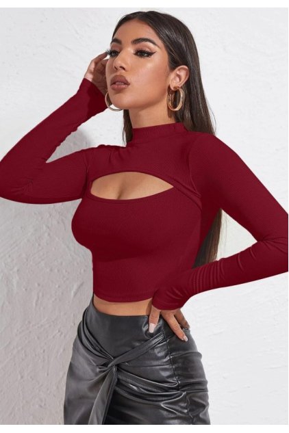 Kadın Bordo Göğüs Dekolteli Uzun Kollu Cut Out Crop Top Bluz