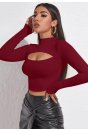 Kadın Bordo Göğüs Dekolteli Uzun Kollu Cut Out Crop Top Bluz
