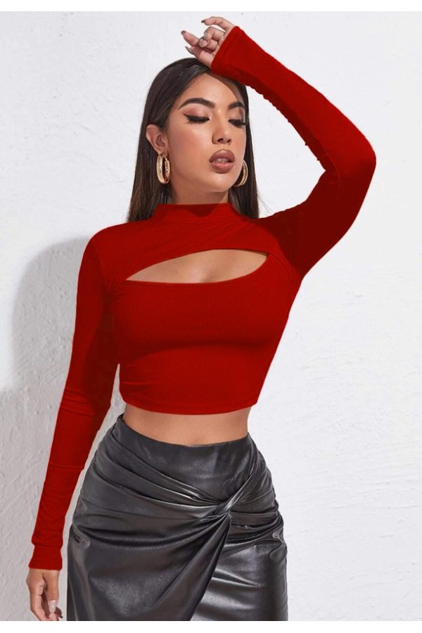 Kadın Kırmızı Göğüs Dekolteli Uzun Kollu Cut Out Crop Top Bluz