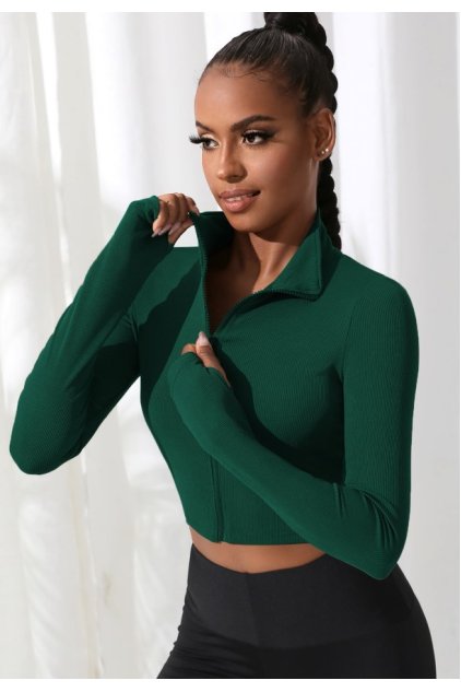 Kadın Yeşil Uzun Kol Fermuarlı Parmak Geçme Detaylı Dik Yaka Crop Top Bluz
