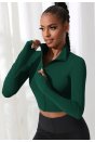 Kadın Yeşil Uzun Kol Fermuarlı Parmak Geçme Detaylı Dik Yaka Crop Top Bluz