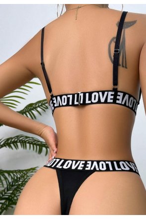 Kadın Siyah Love Yazı Detaylı Harness İç Çamaşır Takımı