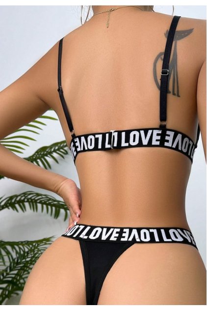 Kadın Siyah Love Yazı Detaylı Harness İç Çamaşır Takımı