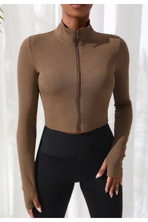 Kadın Kahverengi Uzun Kol Fermuarlı Parmak Geçme Detaylı Dik Yaka Crop Top Bluz