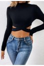 Kadın Siyah Çapraz Bel Detaylı Dik Yaka Uzun Kol Crop Top Bluz