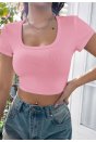Kadın Pembe Yarım Kol Düz Yaka Crop Top Bluz
