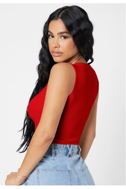 Kadın Kırmızı Kare Yaka Crop Top Bluz