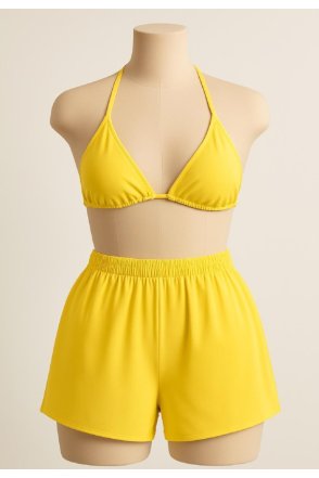 Kadın Sarı Şortlu Belden ve Boyundan Bağlamalı Bikini Takımı