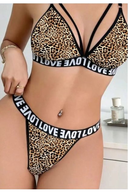 Kadın Leopar Desenli Love Yazı Detaylı Harness İç Çamaşır Takımı