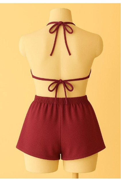 Kadın Bordo Şortlu Belden ve Boyundan Bağlamalı Bikini Takımı