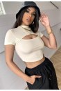 Kadın Ekru Göğüs Dekolteli Yarım Kollu Cut Out Crop Top Bluz