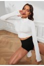 Kadın Beyaz Uzun Kol Fermuarlı Parmak Geçme Detaylı Dik Yaka Crop Top Bluz