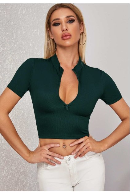 Kadın Yeşil Yarım Fermuarlı ve Kısa Kollu Crop Top Bluz