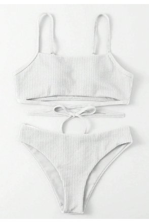 Kadın Beyaz Çapraz Bağlama Detaylı Yüksek Bel Bikini Takımı