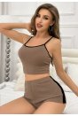 Kadın Kahverengi Siyah Detaylı Şortlu Crop Top Gecelik