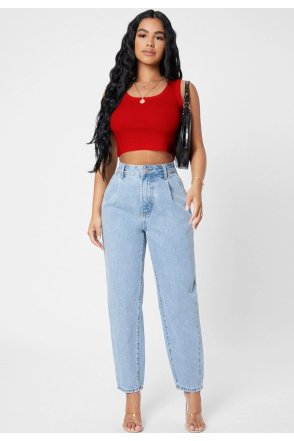 Kadın Kırmızı Kare Yaka Crop Top Bluz