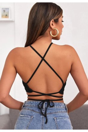 Kadın Siyah Sırtı Açık Boyundan Çapraz Bağlamalı Crop Top Bluz