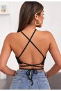 Kadın Siyah Sırtı Açık Boyundan Çapraz Bağlamalı Crop Top Bluz