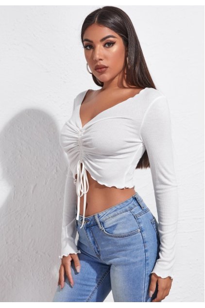 Kadın Beyaz Uzun Kollu Büzdürme Bağcık Detaylı Crop Top Bluz