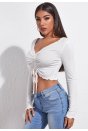 Kadın Beyaz Uzun Kollu Büzdürme Bağcık Detaylı Crop Top Bluz