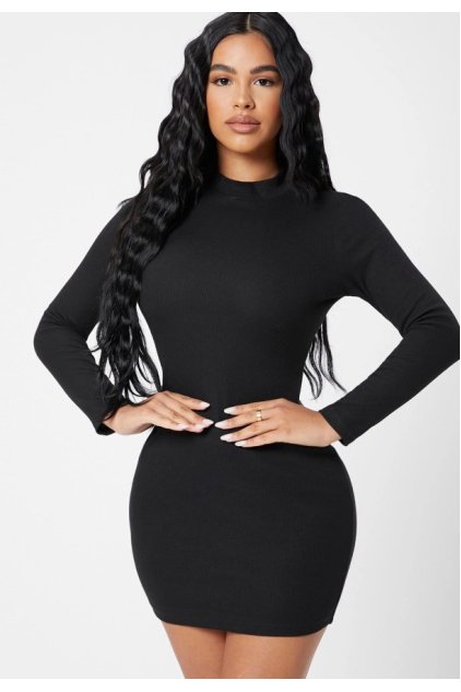 Kadın Siyah Kaşkorse Balıkçı Yaka Uzun Kollu Bodycon Mini Elbise