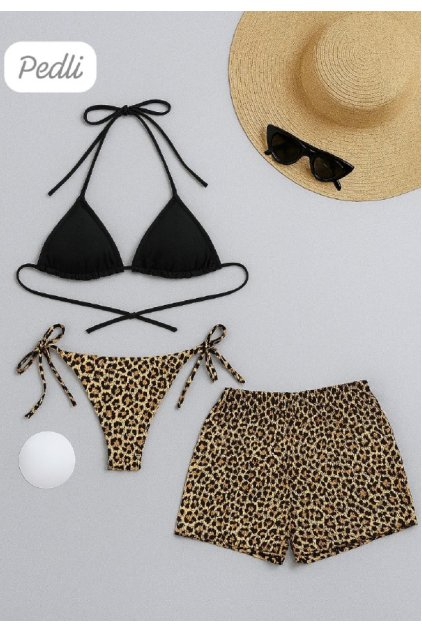 Kadın 3'lü Set Siyah ve Leopar Desenli Şortlu Yandan Bağlamalı Bikini Mayo Takımı