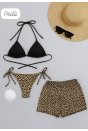 Kadın 3'lü Set Siyah ve Leopar Desenli Şortlu Yandan Bağlamalı Bikini Mayo Takımı