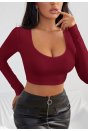 Kadın Bordo Uzun Kol Kare Yaka Crop Top Bluz