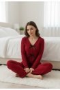 Kadın Bordo Fiyonklu İç Çamaşırı ve Uzun Kollu V Yaka Pijama Takımı 4'lü Set