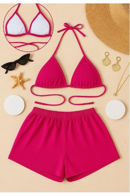 Kadın Fuşya Şortlu Belden ve Boyundan Bağlamalı Bikini Takımı