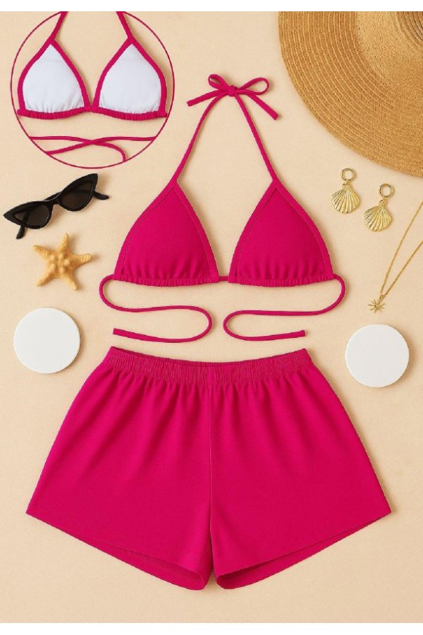 Kadın Fuşya Şortlu Belden ve Boyundan Bağlamalı Bikini Takımı