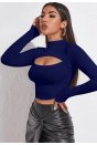 Kadın Lacivert Göğüs Dekolteli Uzun Kollu Cut Out Crop Top Bluz