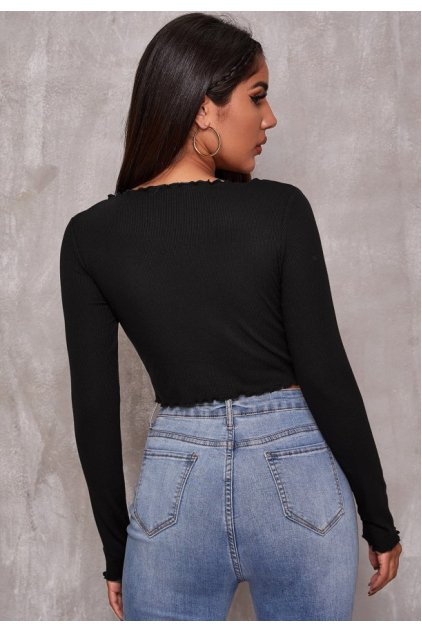 Kadın Siyah Uzun Kollu Büzdürme Bağcık Detaylı Crop Top Bluz