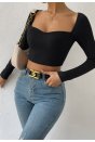 Kadın Siyah Uzun Kol Göğüs Dekolteli Şık Crop Top Bluz