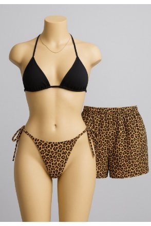 Kadın 3'lü Set Siyah ve Leopar Desenli Şortlu Yandan Bağlamalı Bikini Mayo Takımı