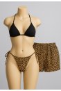 Kadın 3'lü Set Siyah ve Leopar Desenli Şortlu Yandan Bağlamalı Bikini Mayo Takımı